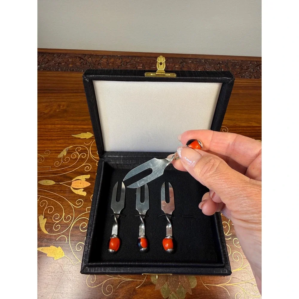 Vintage Rafaella Pitti Huayruro Seed Cocktail Forks Set w/ Box Bolivia